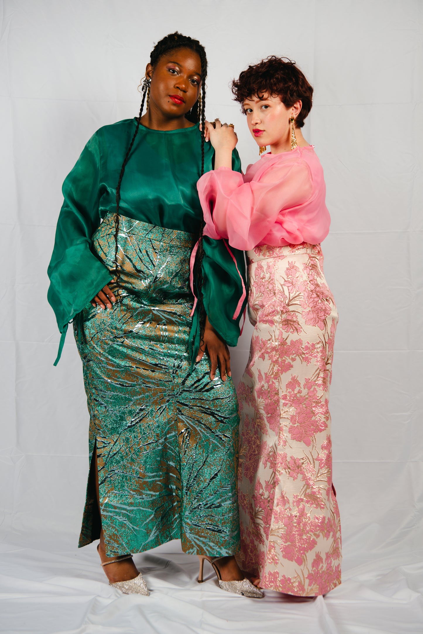Drusilla 3 Piece Damask Straight Leg Maxi Skirt With Inner And Organdy Batwing Sleeves Top