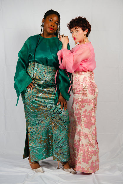 Drusilla 3 Piece Damask Straight Leg Maxi Skirt With Inner And Organdy Batwing Sleeves Top