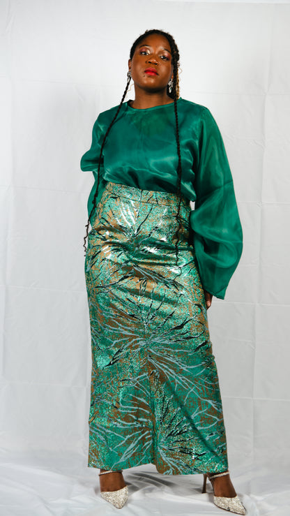 Drusilla 3 Piece Damask Straight Leg Maxi Skirt With Inner And Organdy Batwing Sleeves Top