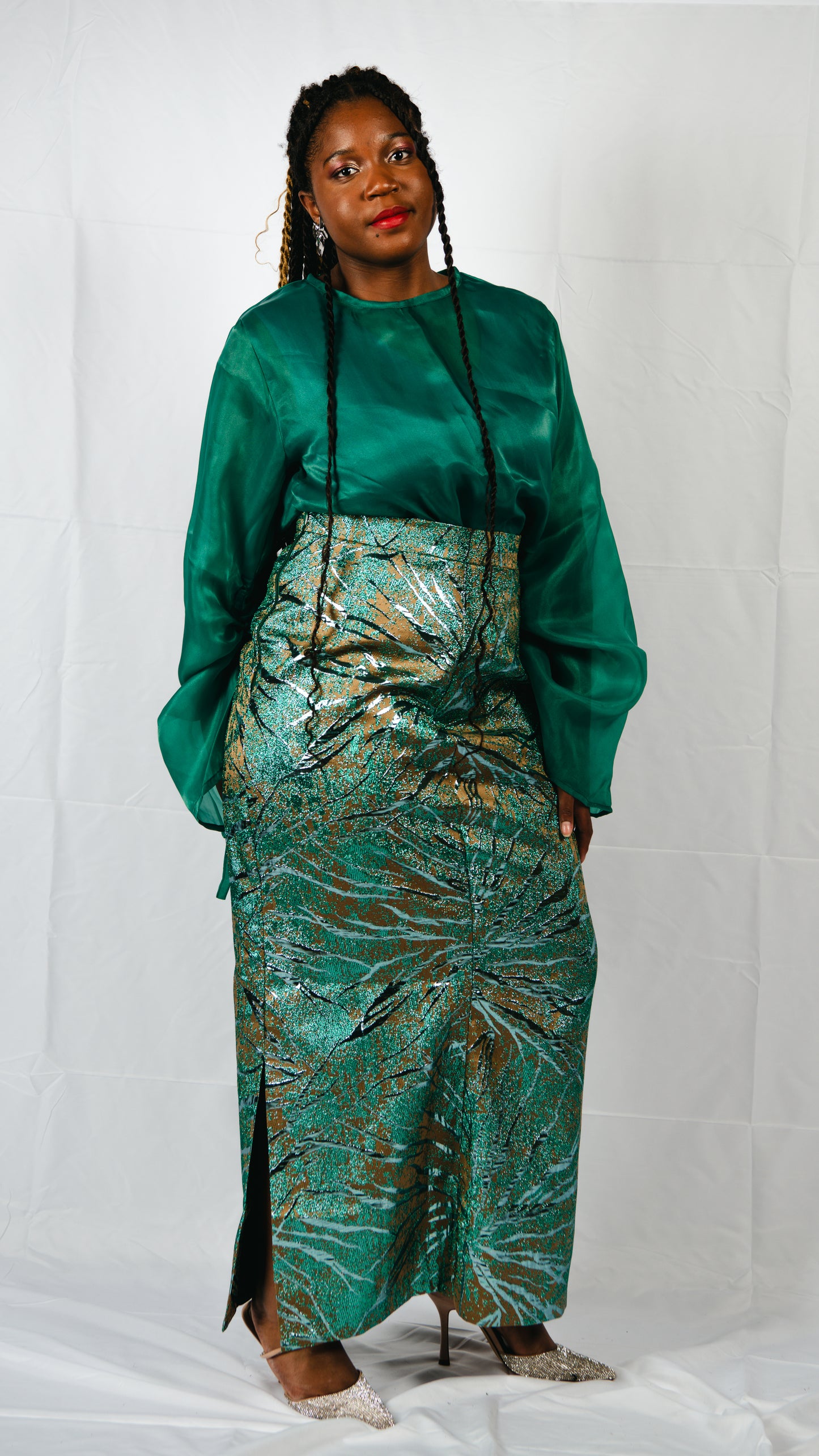 Drusilla 3 Piece Damask Straight Leg Maxi Skirt With Inner And Organdy Batwing Sleeves Top