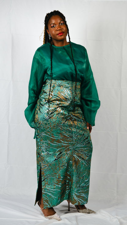Drusilla 3 Piece Damask Straight Leg Maxi Skirt With Inner And Organdy Batwing Sleeves Top