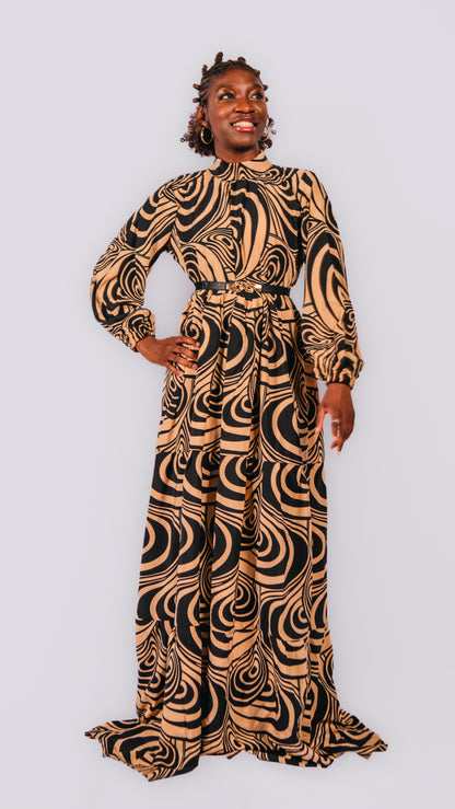 Selma Layered Zebra Print Maxi Dress With patterned Belt