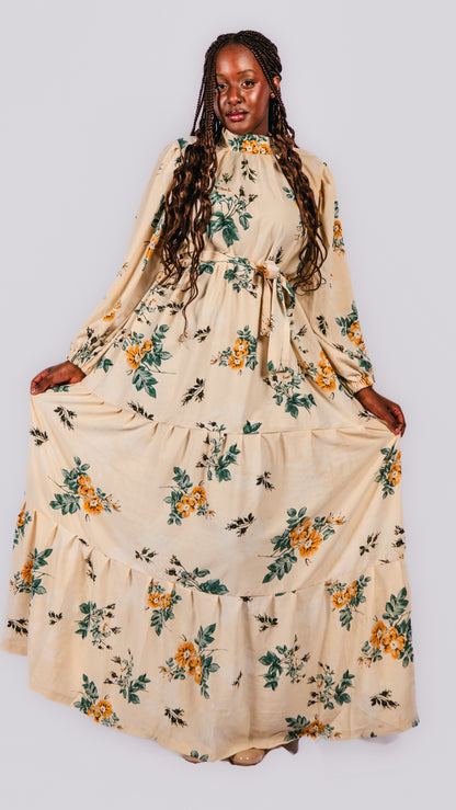 Selma Layered Flowered Maxi Dress With Belt