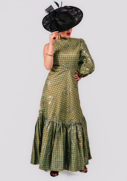 Azaryah Sage Green Patterned Maxi One Sleeve Dress