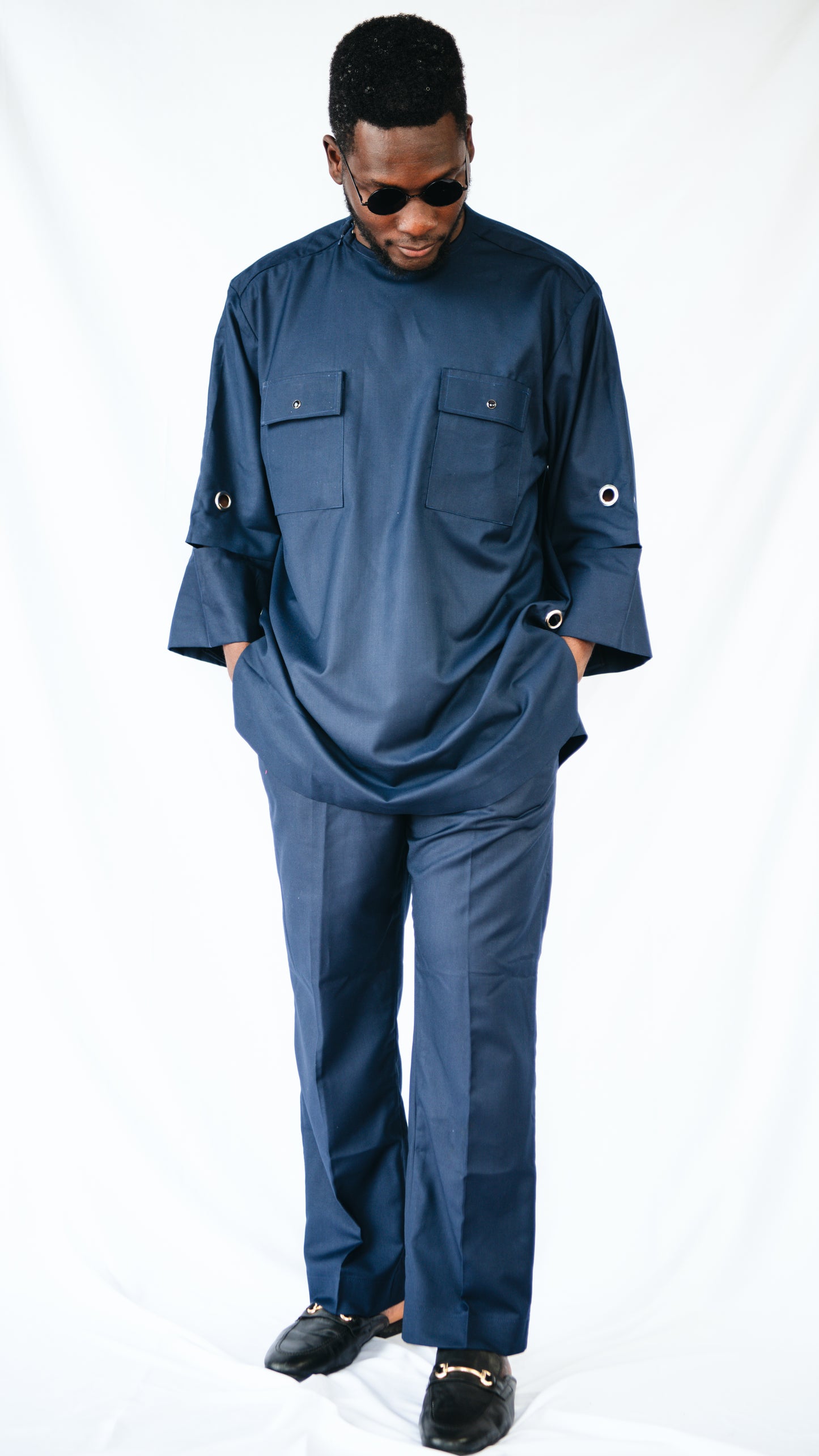 Manuél Beige 2 piece Trousers and Layered Top With Cut-out Sleeves- Navy Blue