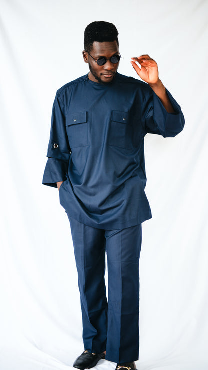 Manuél Beige 2 piece Trousers and Layered Top With Cut-out Sleeves- Navy Blue
