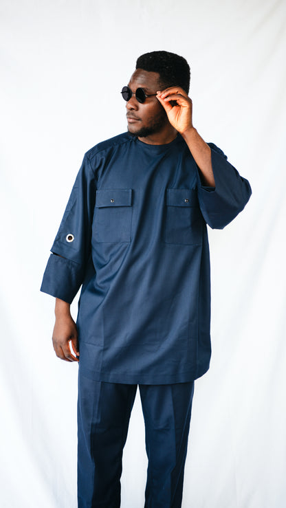 Manuél Beige 2 piece Trousers and Layered Top With Cut-out Sleeves- Navy Blue