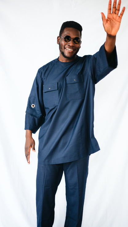 Manuél Beige 2 piece Trousers and Layered Top With Cut-out Sleeves- Navy Blue