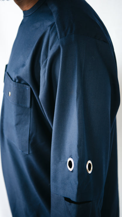 Manuél Beige 2 piece Trousers and Layered Top With Cut-out Sleeves- Navy Blue
