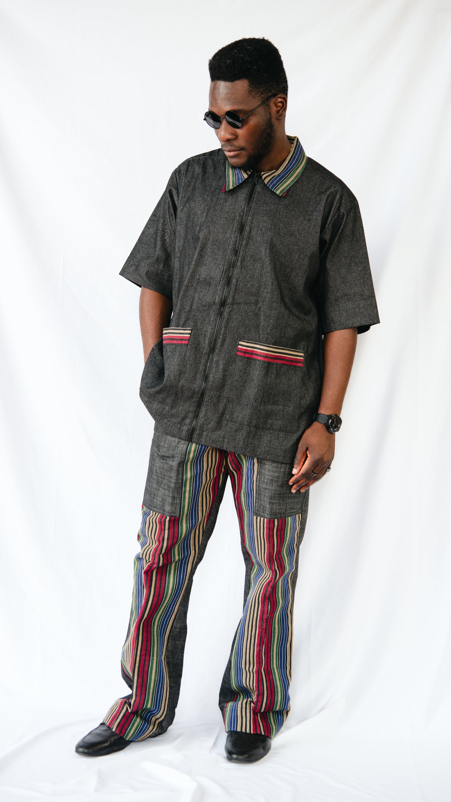 Vyomini 2 piece Set Of Dark Grey Denim Trousers And Collared Shirt