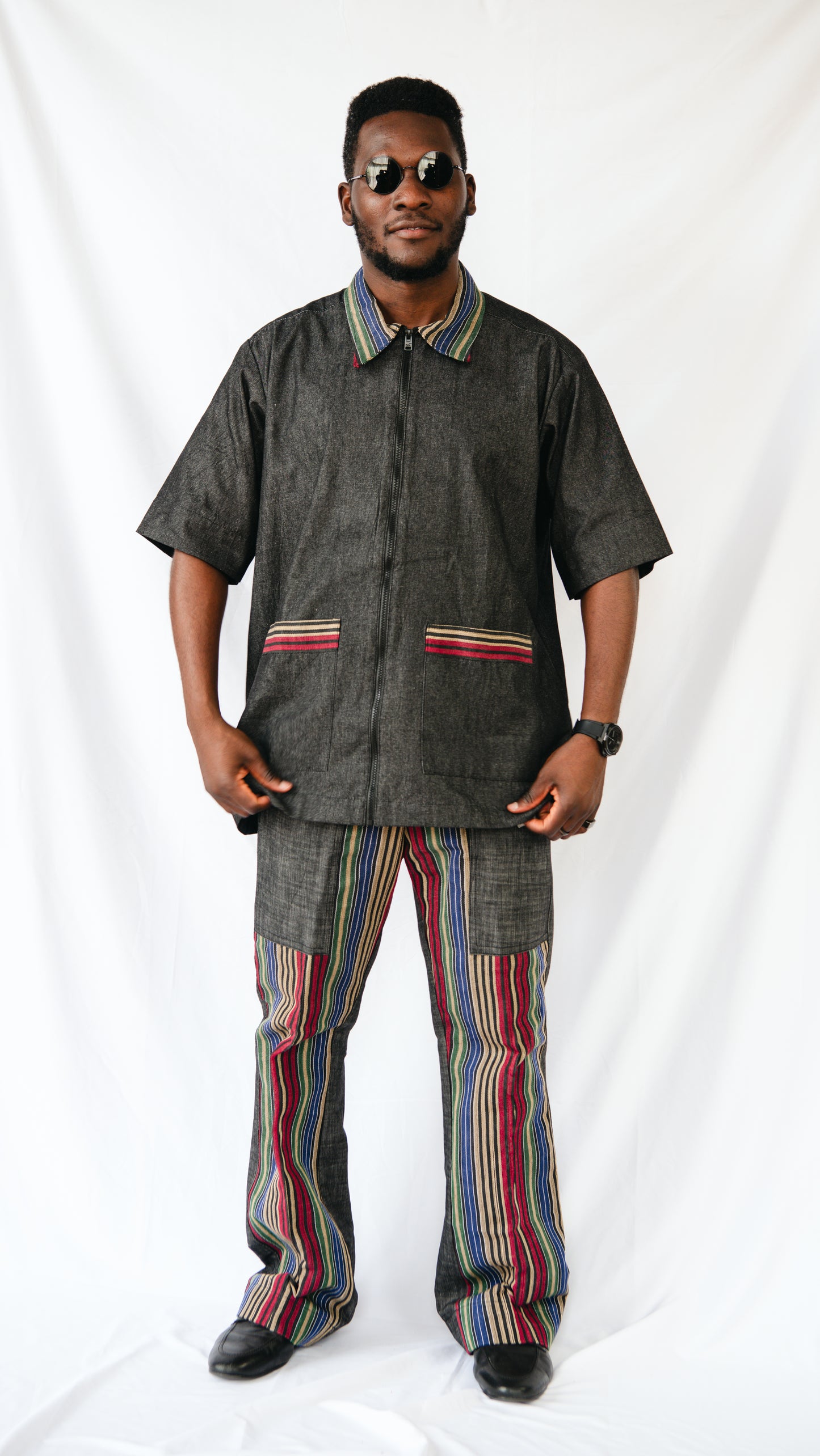 Vyomini 2 piece Set Of Dark Grey Denim Trousers And Collared Shirt