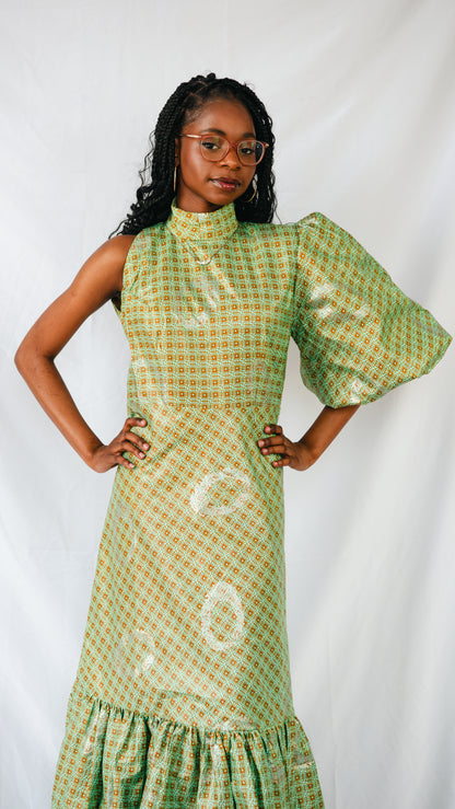 Azaryah Sage Green Patterned Maxi One Sleeve Dress