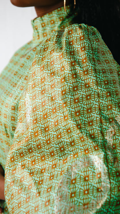 Azaryah Sage Green Patterned Maxi One Sleeve Dress