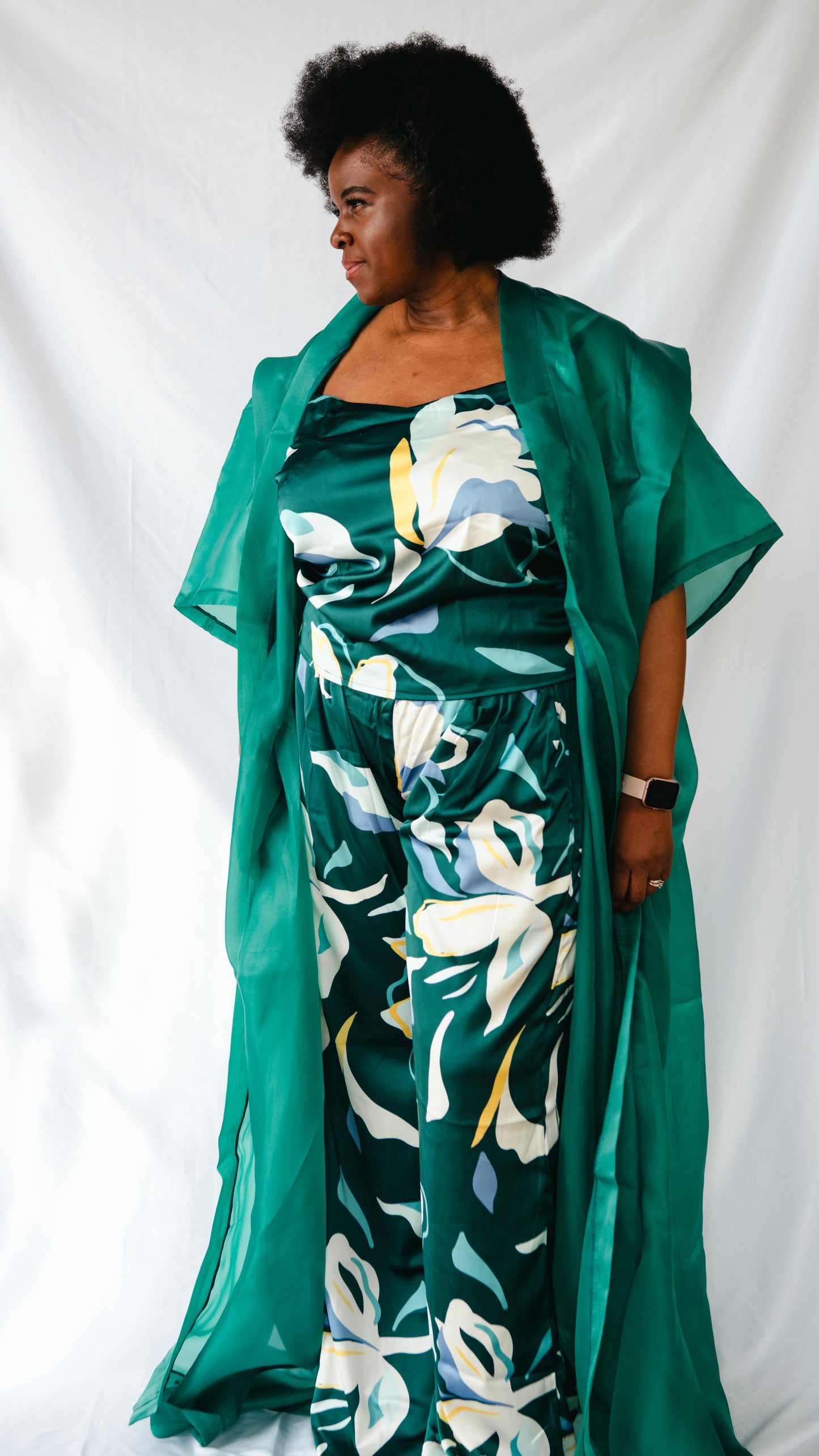 Tehillah 3 Piece Palazzo Trousers And Sleeveless Top With Organdy Kimono