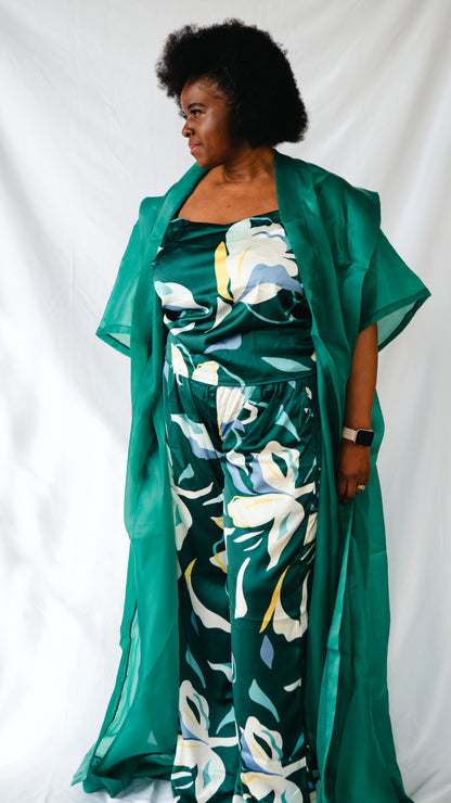 Tehillah 3 Piece Palazzo Trousers And Sleeveless Top With Organdy Kimono
