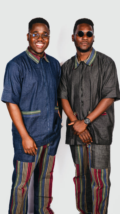 Mabila 2 Piece Asooke Trousers and Oversized Denim Top With Asooke Fabric Pocket