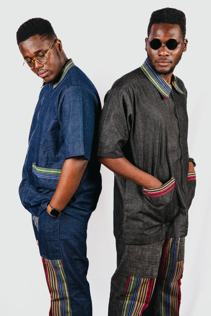 Mabila 2 Piece Asooke Trousers and Oversized Denim Top With Asooke Fabric Pocket