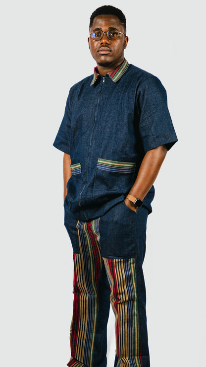 Vyomini 2 piece set- Denim Trousers And Collared Shirt With Aso-oke