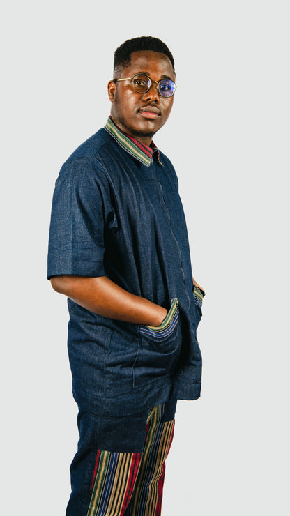 Vyomini 2 piece set- Denim Trousers And Collared Shirt With Aso-oke