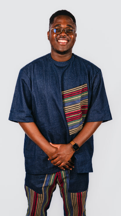 Mabila 2 Piece Asooke Trousers and Oversized Denim Top With Asooke Fabric Pocket