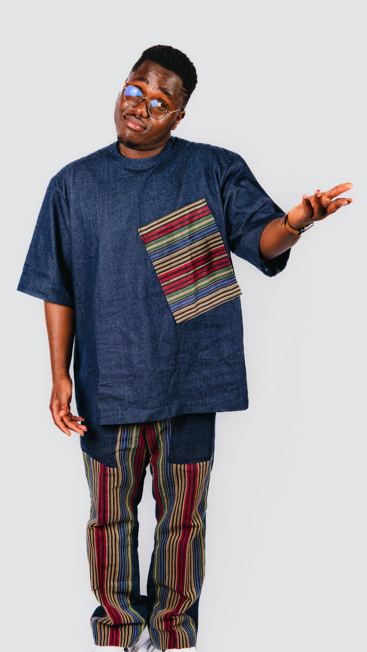 Mabila 2 Piece Asooke Trousers and Oversized Denim Top With Asooke Fabric Pocket
