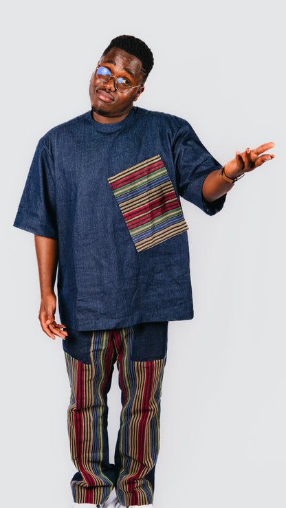 Mabila 2 Piece Asooke Trousers and Oversized Denim Top With Asooke Fabric Pocket