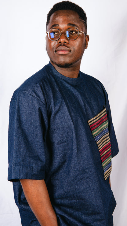 Mabila 2 Piece Asooke Trousers and Oversized Denim Top With Asooke Fabric Pocket