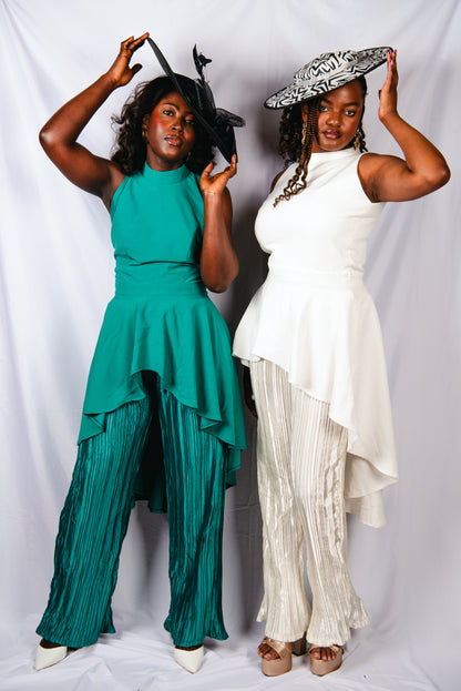 Zuriel 2 Piece Pleated Fabric Trousers And Assymetrical Top in White