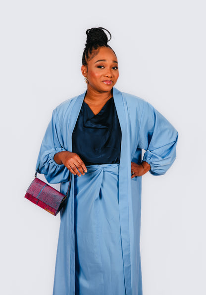 Ofure 3 Piece Wrap Skirt, Sleeveless Top and Kimono-Blue
