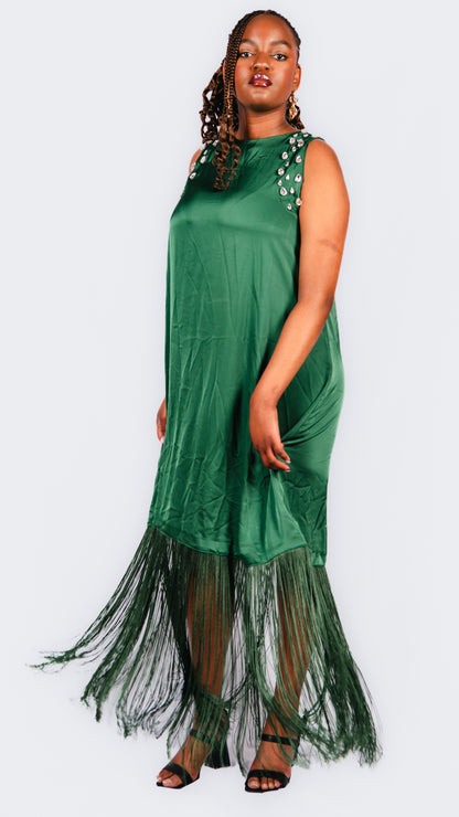Hanameel Emerald Gree  Maxi Dress With Fringe And Rhinestones