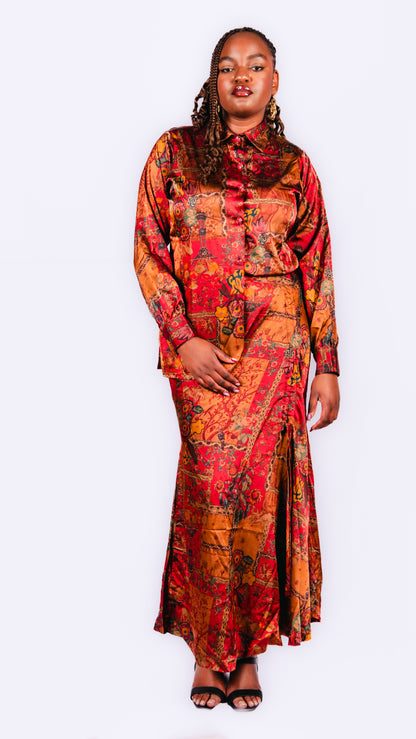 Karis Orange Patterned Maxi Skirt And Long Sleeve Shirt