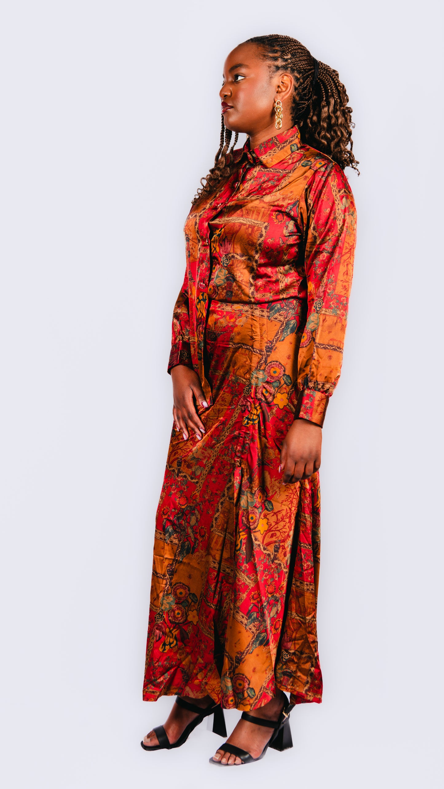 Karis Orange Patterned Maxi Skirt And Long Sleeve Shirt