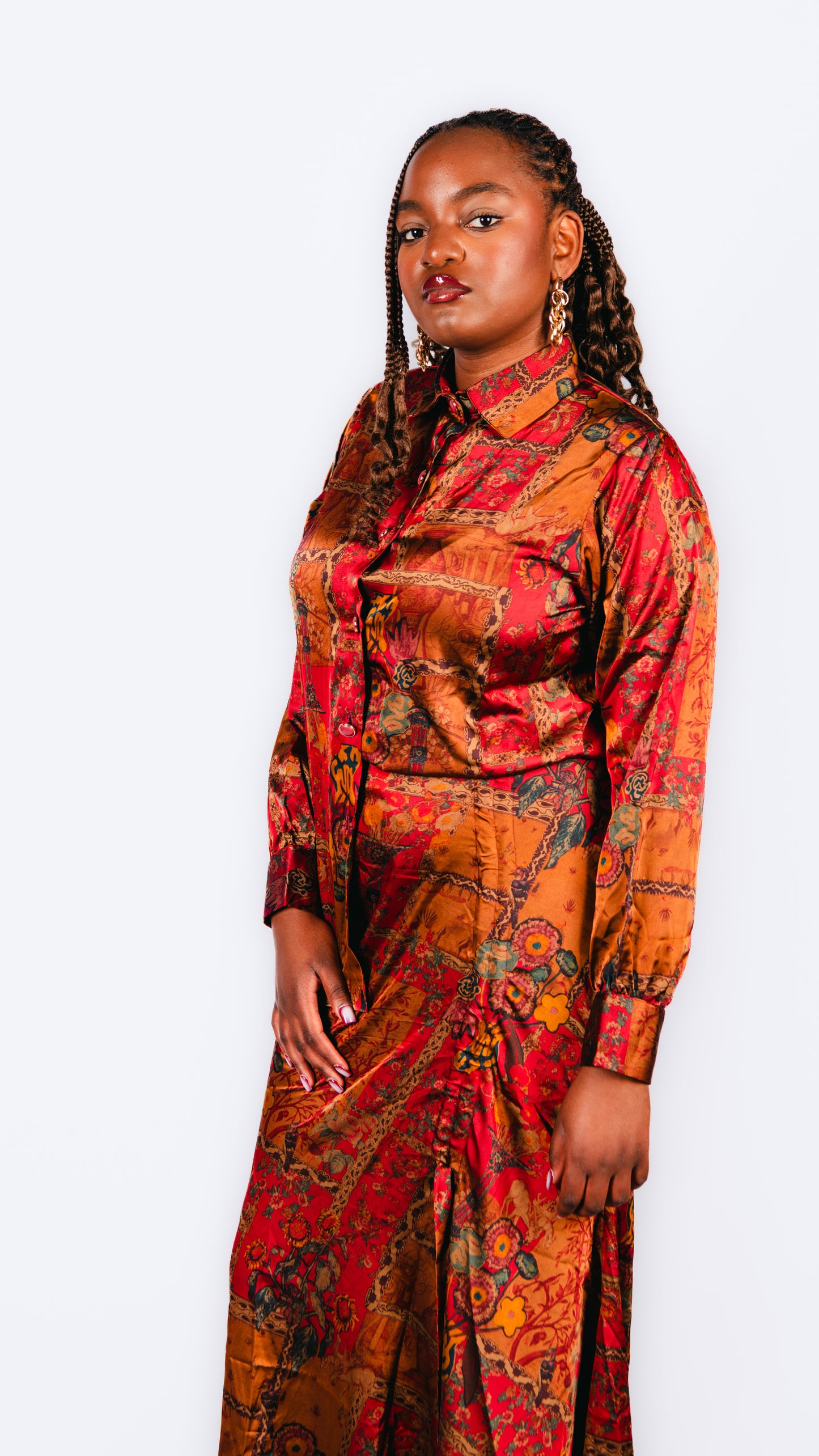 Karis Orange Patterned Maxi Skirt And Long Sleeve Shirt