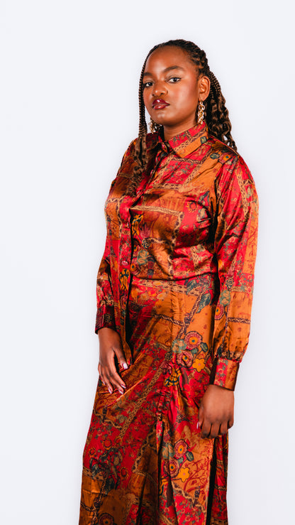 Karis Orange Patterned Maxi Skirt And Long Sleeve Shirt