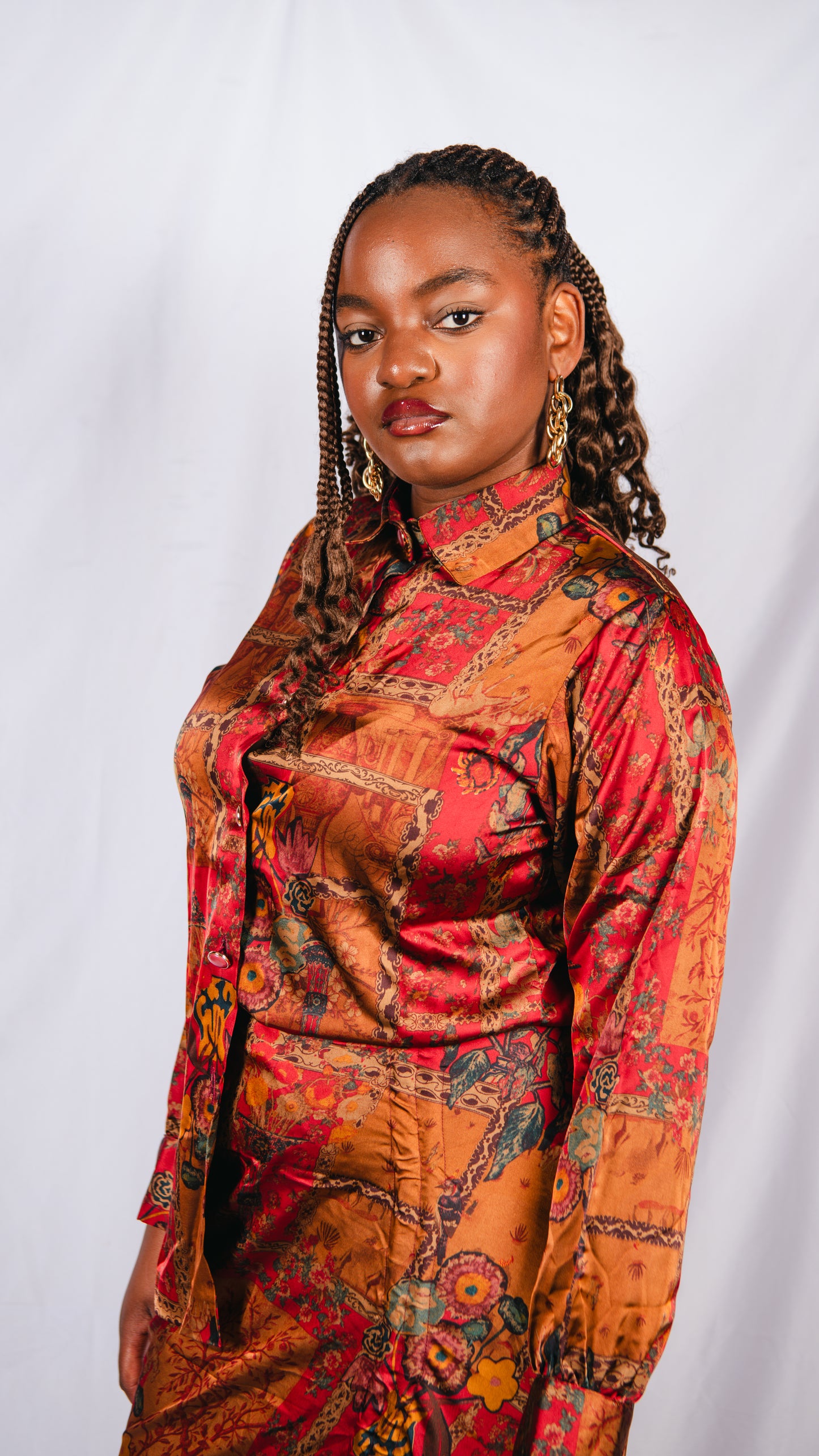 Karis Orange Patterned Maxi Skirt And Long Sleeve Shirt