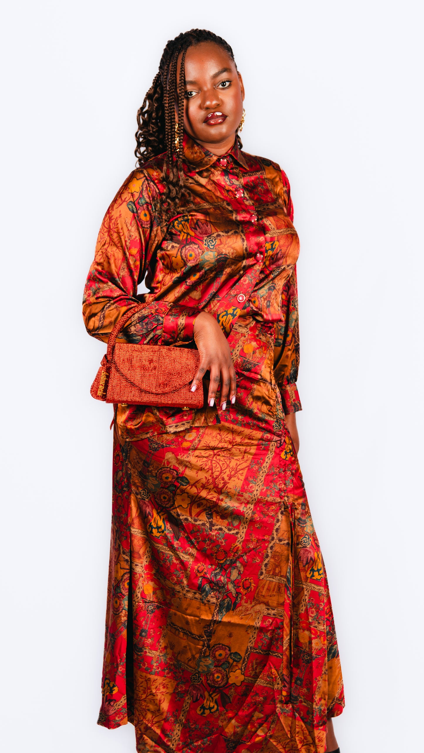 Karis Orange Patterned Maxi Skirt And Long Sleeve Shirt
