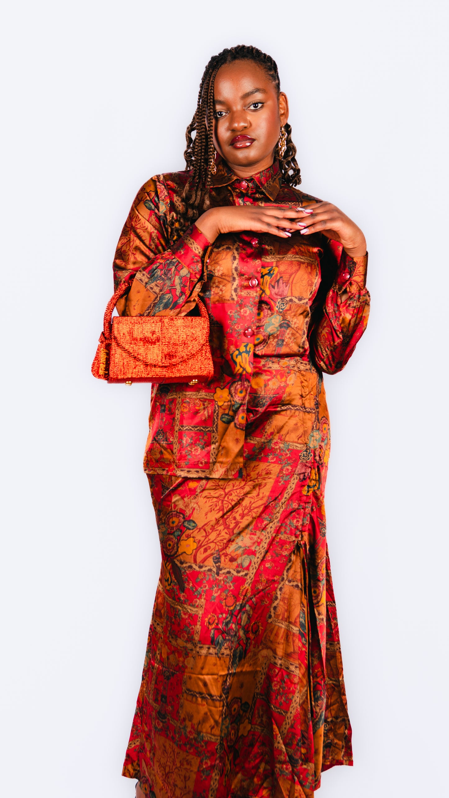 Karis Orange Patterned Maxi Skirt And Long Sleeve Shirt