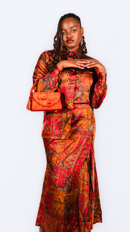 Karis Orange Patterned Maxi Skirt And Long Sleeve Shirt