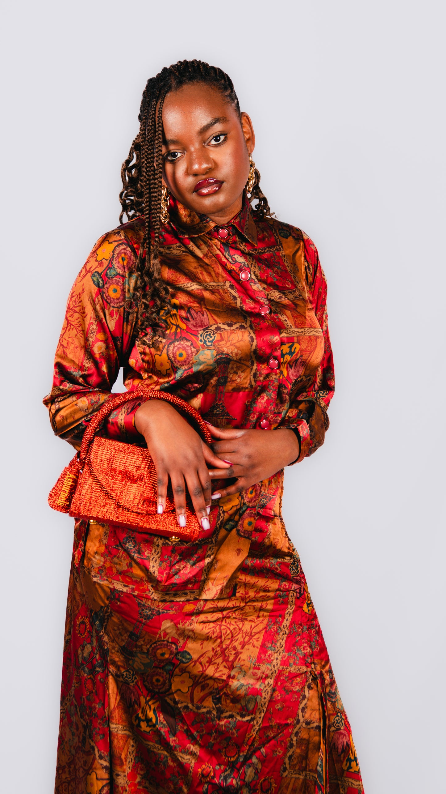 Karis Orange Patterned Maxi Skirt And Long Sleeve Shirt