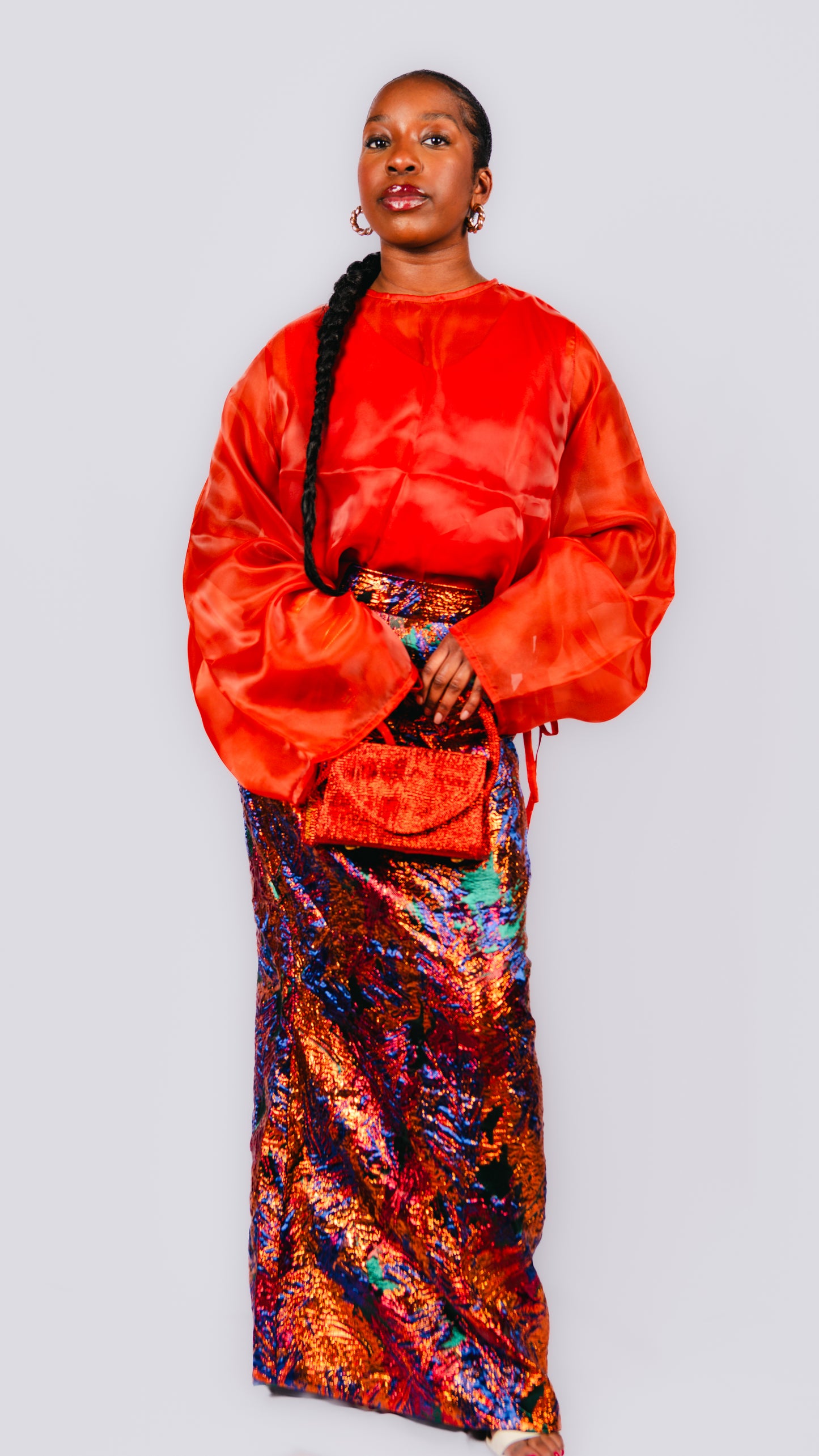 Drusilla 3 Piece Multicolour Damask Maxi Straight Skirt With Inner And Organdy Batwing Sleeves