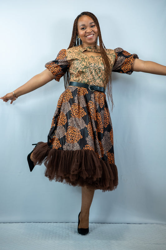 Sibongile Brown Print Midi  Dress