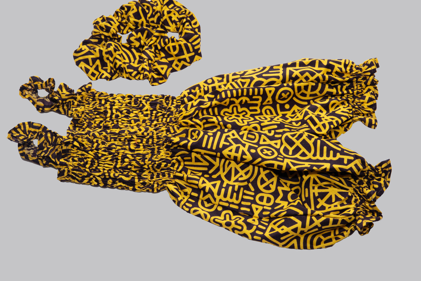Bee 2 piece Yellow/black print maxi ball skirt and blouse