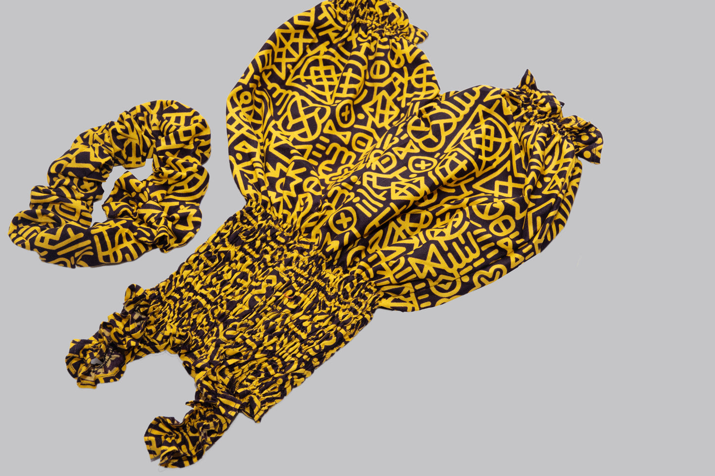 Bee 2 piece Yellow/black print maxi ball skirt and blouse
