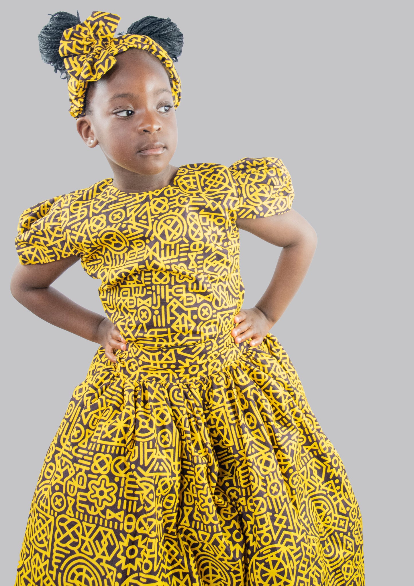 Bee 2 piece Yellow/black print maxi ball skirt and blouse