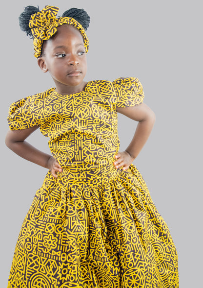 Bee 2 piece Yellow/black print maxi ball skirt and blouse