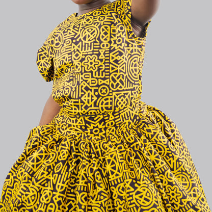 Bee 2 piece Yellow/black print maxi ball skirt and blouse