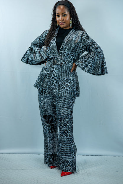 Zendaya Black and White Print 2 Piece Wide Leg Trousers and Pleated Blouse