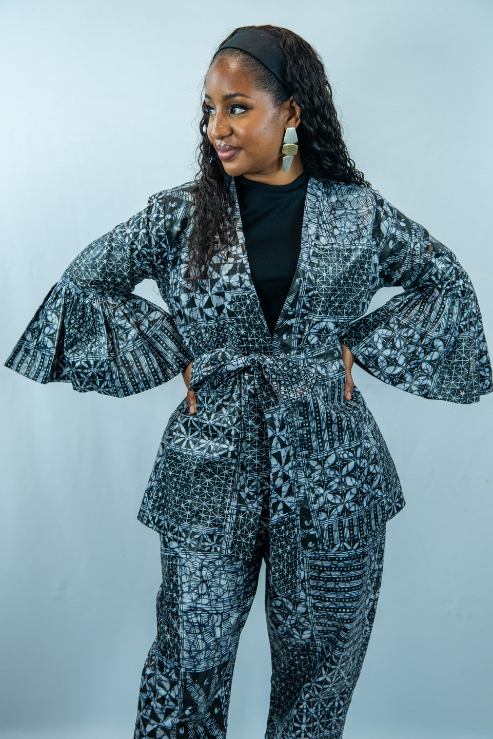 Zendaya Black and White Print 2 Piece Wide Leg Trousers and Pleated Blouse