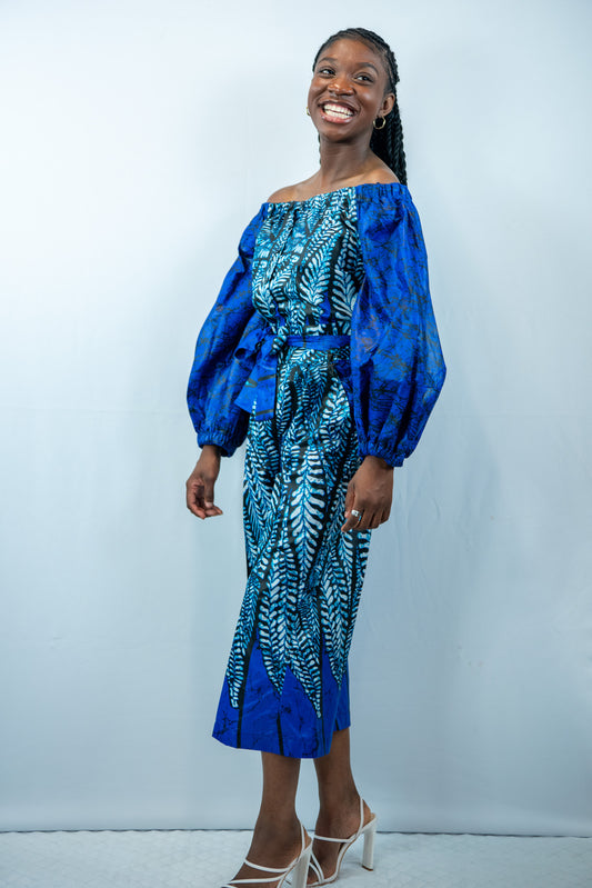 Amani Blue Print Midi wide Leg Trousers and Crop Top