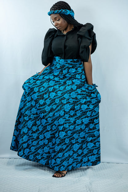 Amara-A Blue Print Maxi Skirt with Pockets